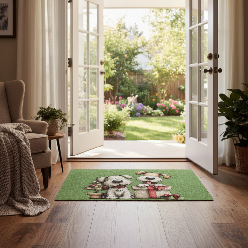 Doormat at French doors looking into backyard