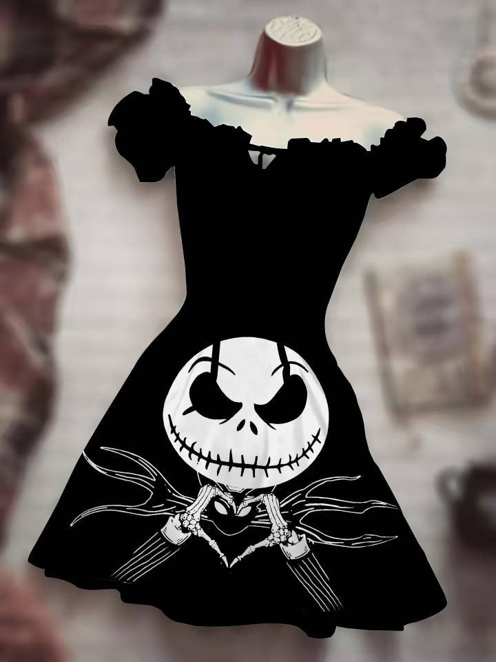 CJ Women's Black Drawstring Dress featuring a Jack Skellington graphic design