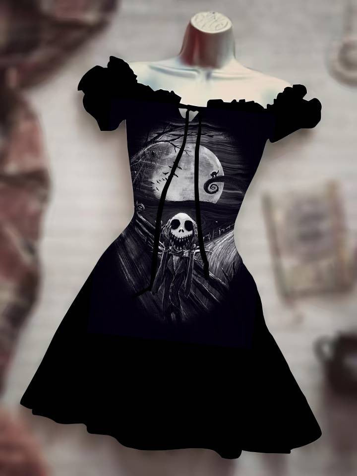CJ Black Drawstring Dress featuring Gothic design with ruffled sleeves and skull graphic