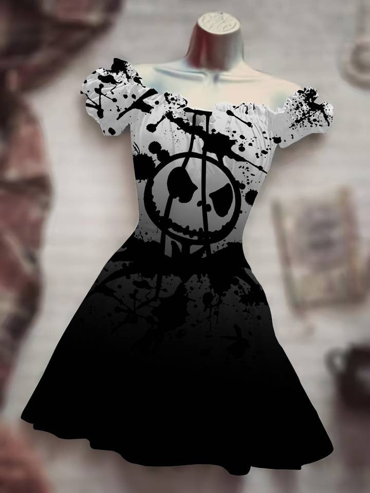 Black and white Drawstring Dress with graphic print and flared skirt for a stylish look
