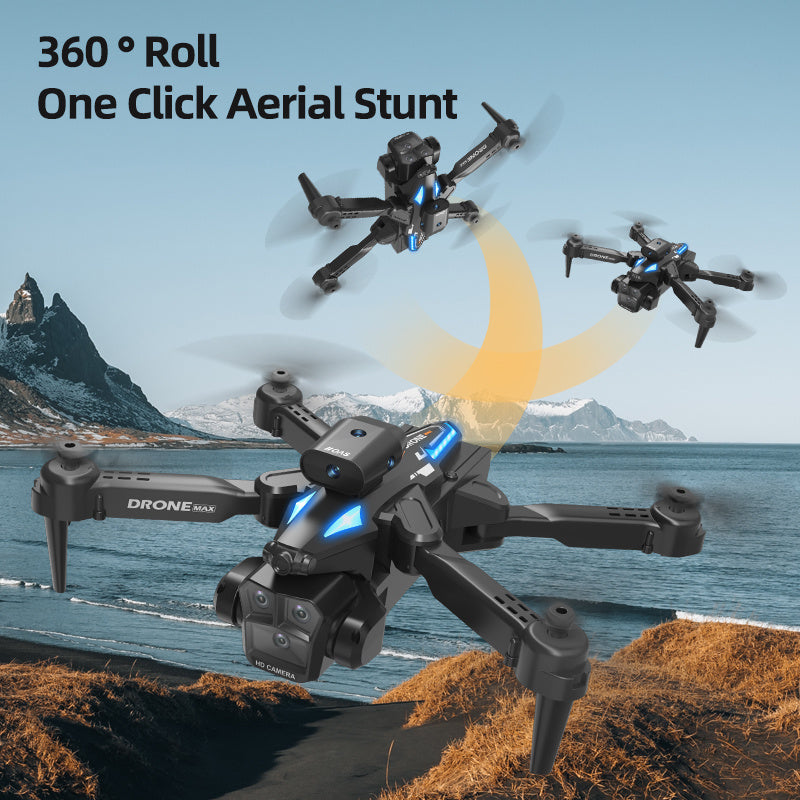 Trendsi C10 Black three camera drone performing 360 degree roll aerial stunt over coastal landscape