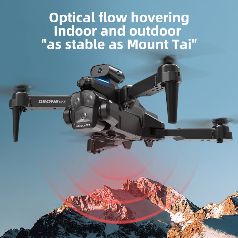 Trendsi C10 Black three camera drone hovering over mountain with foldable arms and HD cameras