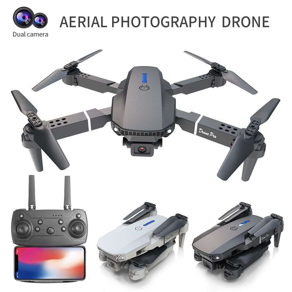 Trendsi E88 dual camera drone in gray with remote control smartphone display and folded white and gray views