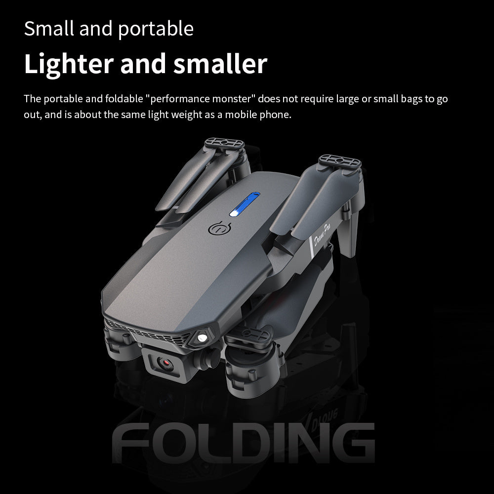Trendsi E88 dual camera drone foldable compact portable quadcopter in gray showing front dual lenses