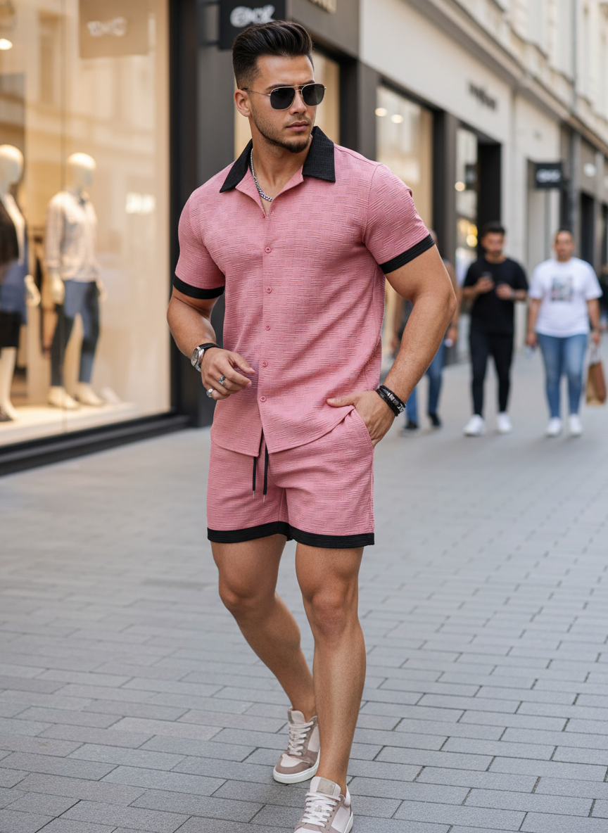 Dusty pink men's set on urban street