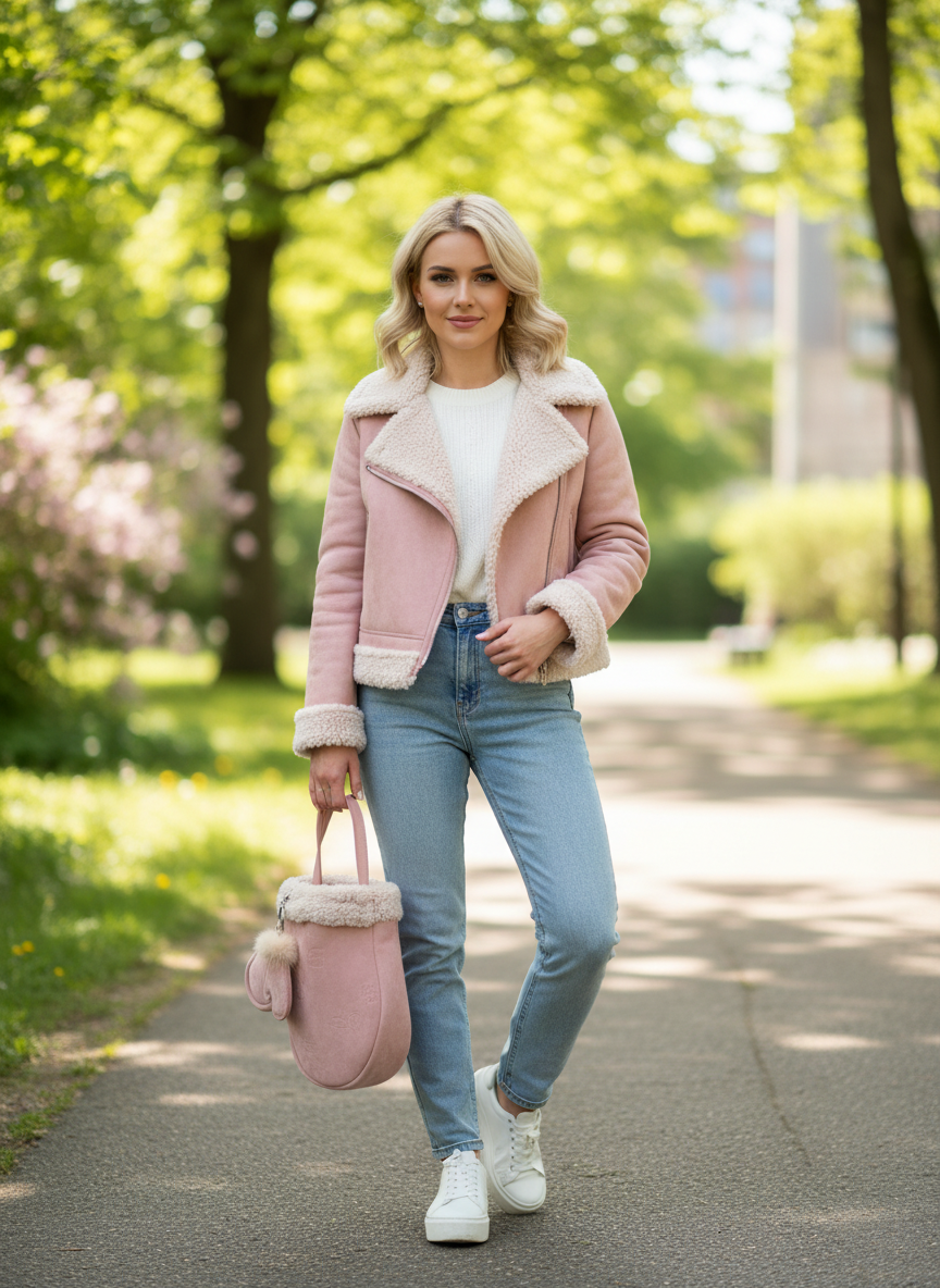 Dusty pink mitten-shaped handbag outdoor park lifestyle