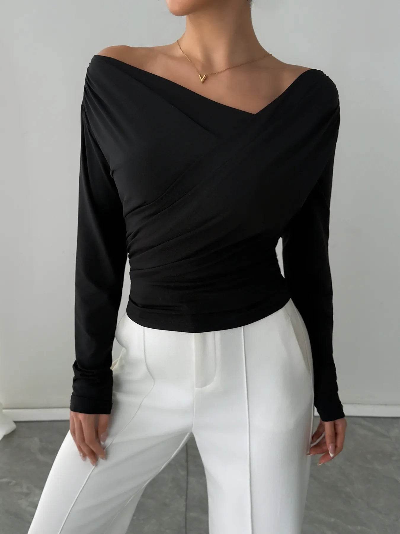 Asymmetrical Long Sleeve Blouse - Ruched Detail Top - Fashions Envy