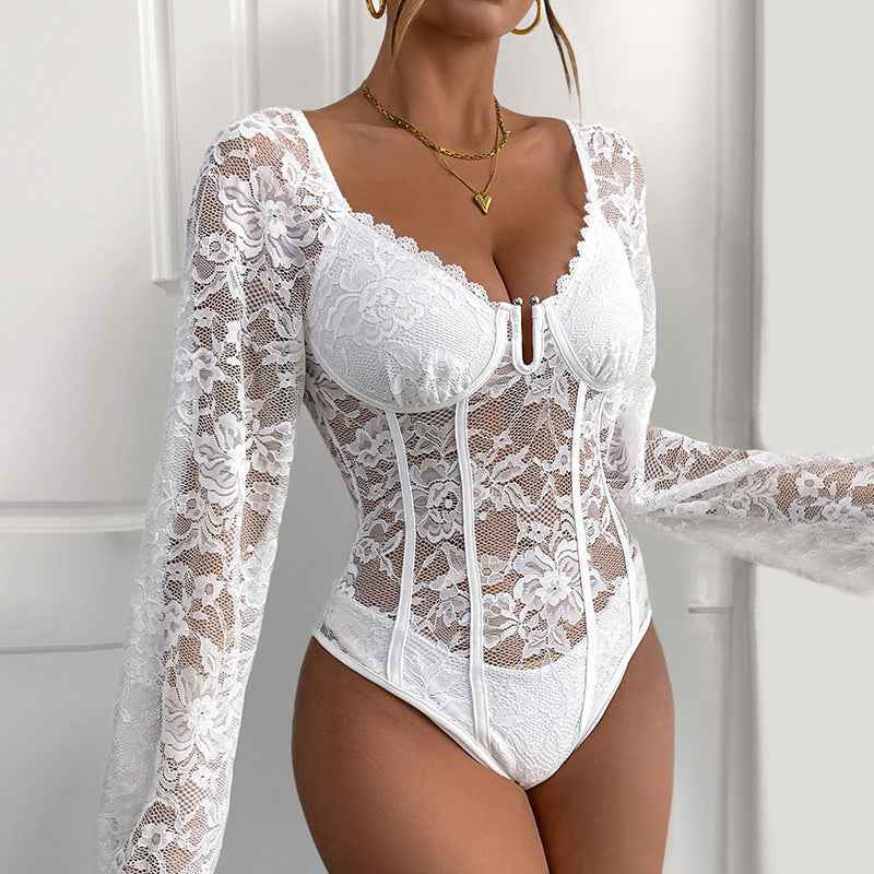 V-Neck Lace Bodysuit - Long Sleeve Sheer Style - Fashions Envy