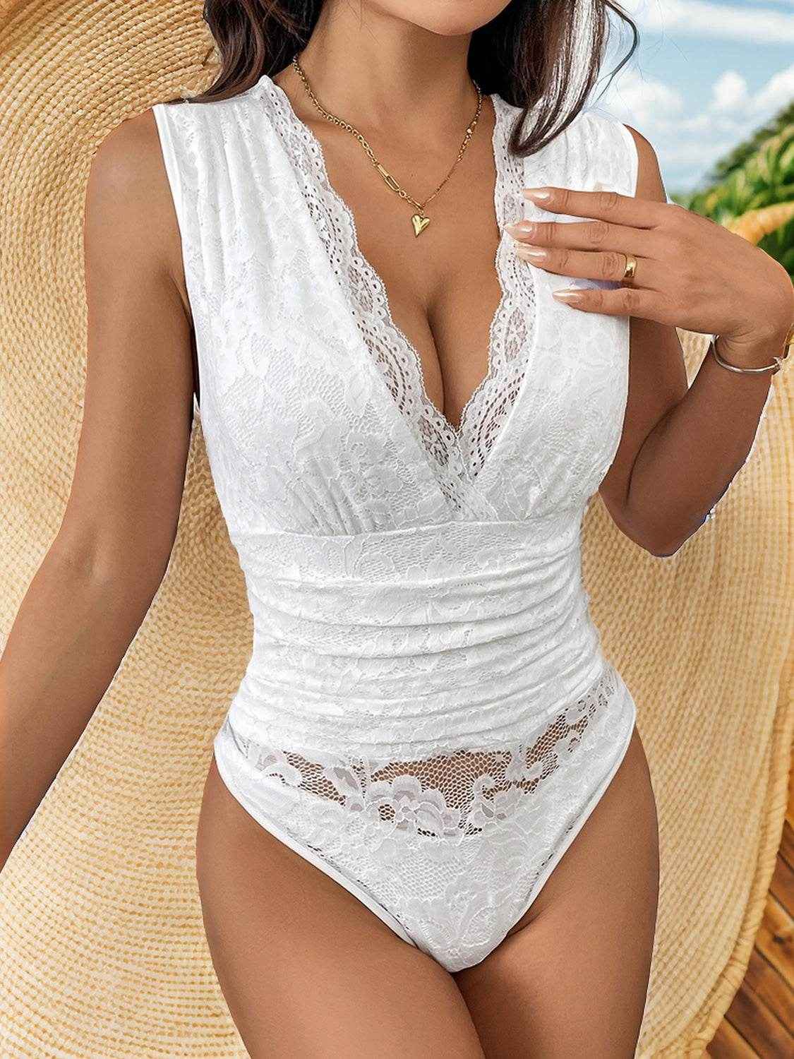 Trendsi White lace v-neck bodysuit Ruched Waist