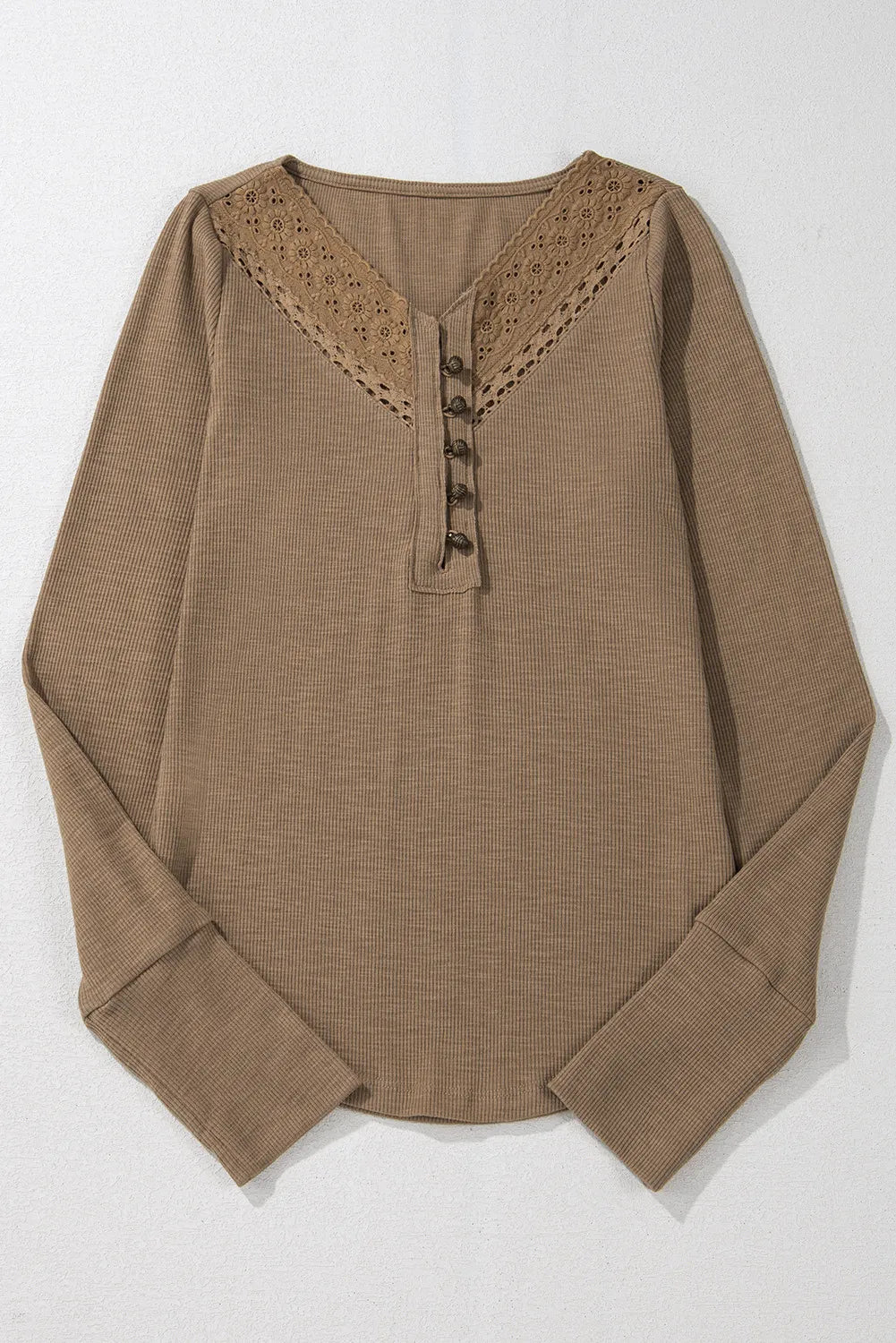 Eyelet V-Neck Long Sleeve Top - Fashions Envy