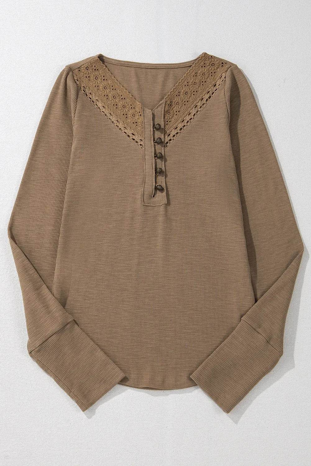 Eyelet V-Neck Long Sleeve Top - Fashions Envy
