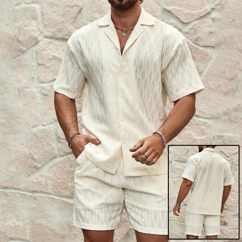 Men's Summer Fashion Solid Loose Casual Two Pieces Lapel Button Shirt Shorts Set