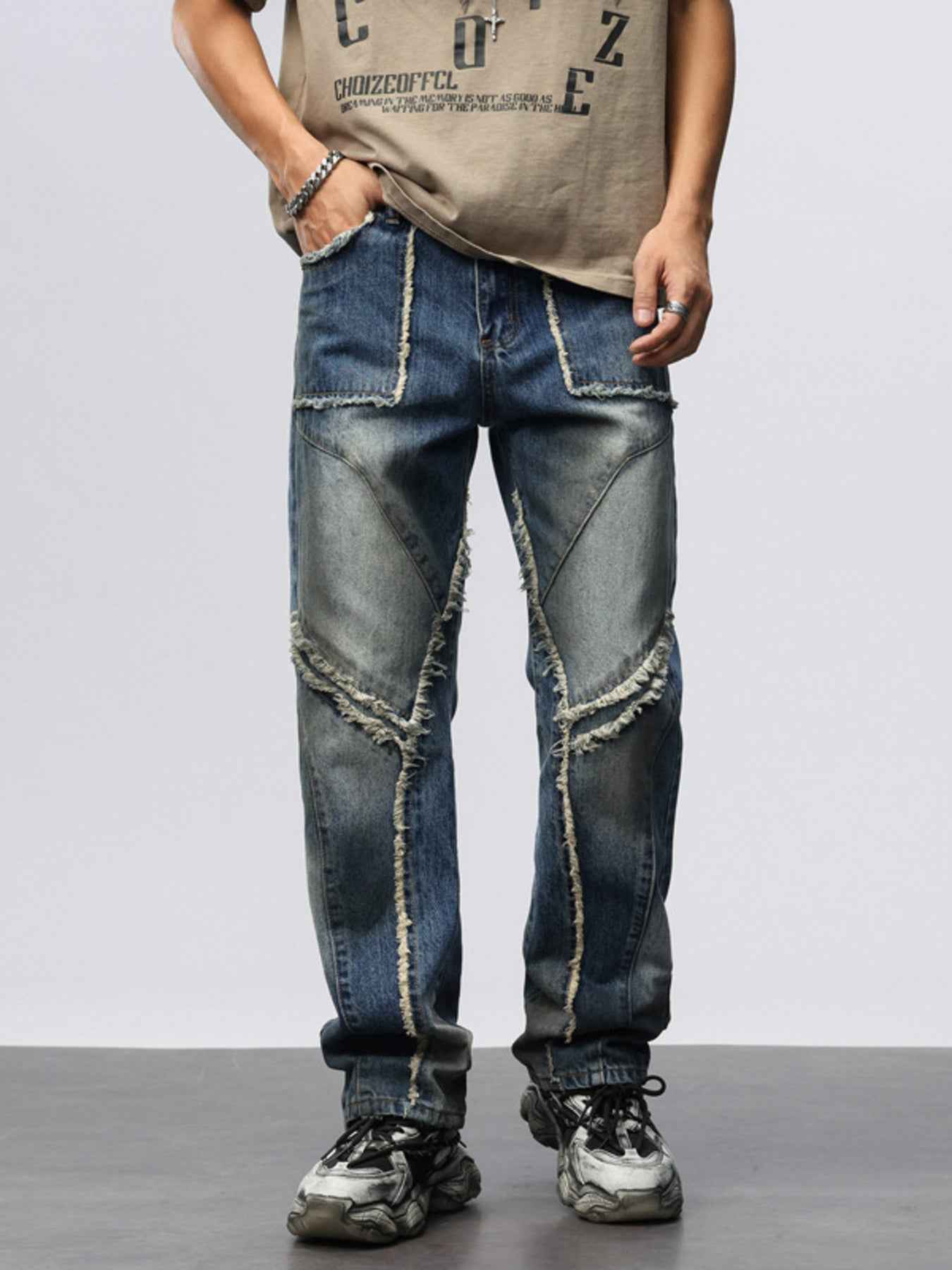 Men's Frayed Hem Wide Leg Jeans