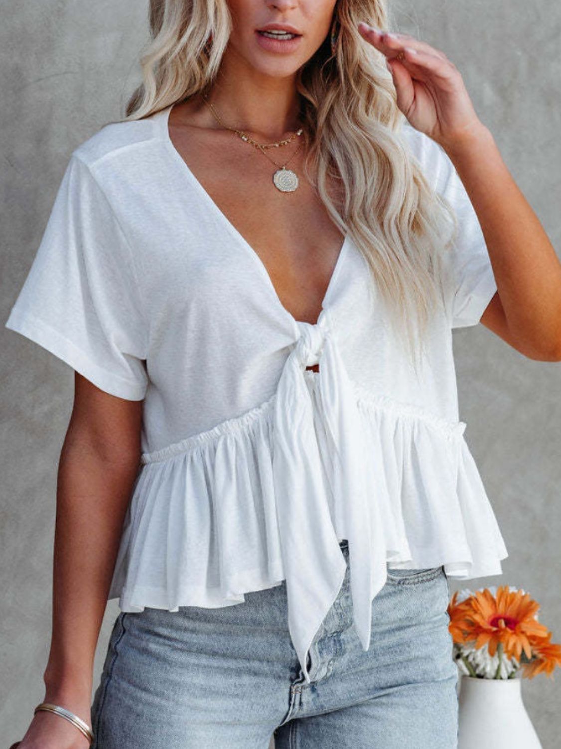 Tied Plunge V-neck Short Sleeve Blouse