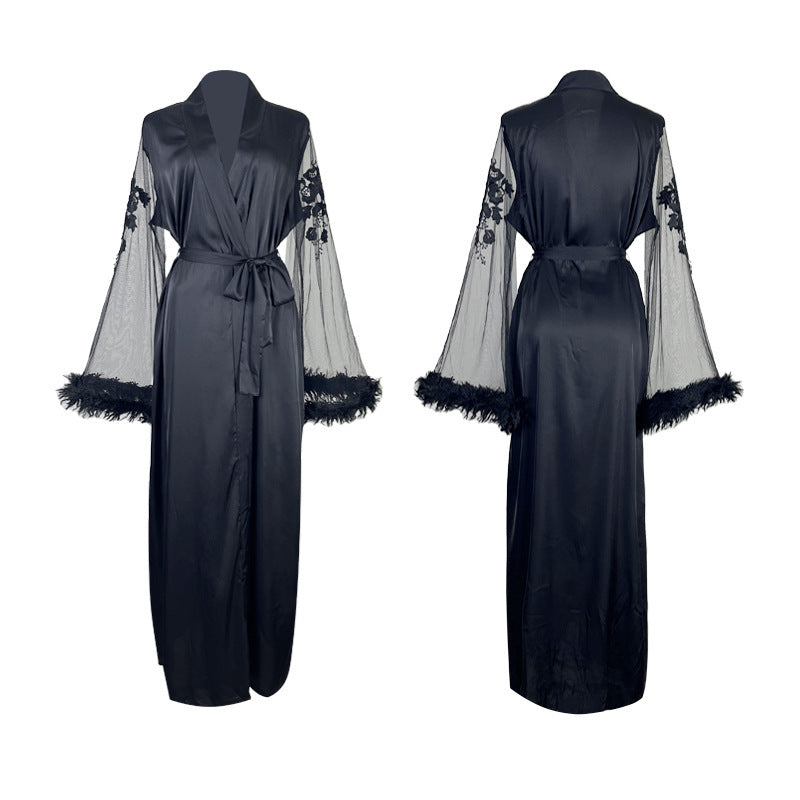 Sheer Lace Robe - Full Length Boa Sleeve Intimate Wear