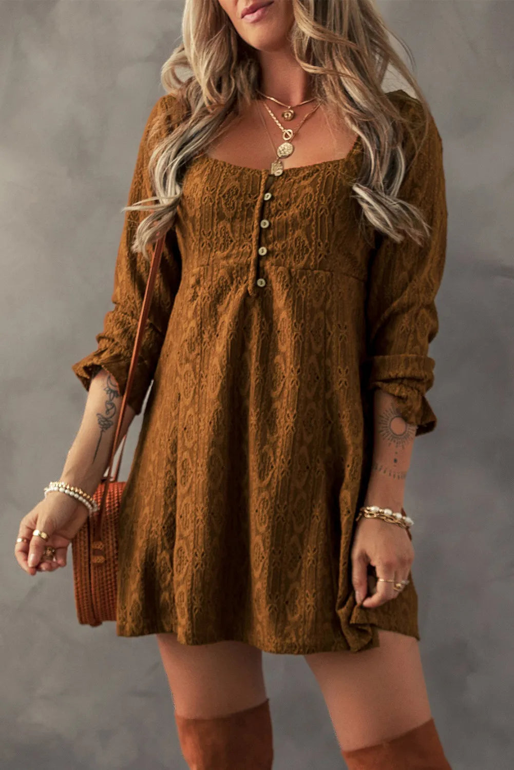 Decorative Button Textured Square Neck Mini Dress