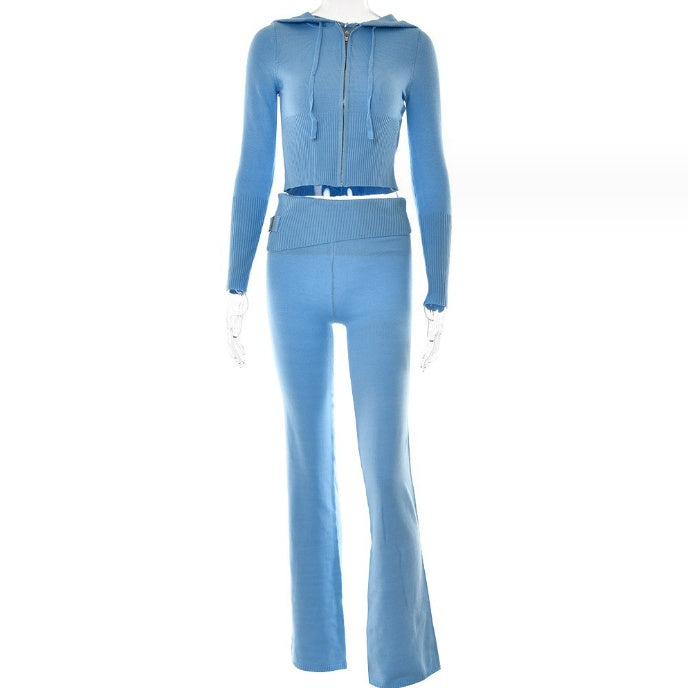 Soft Zip-up Long Sleeve Crop Sweater and Low Waist Pants Set