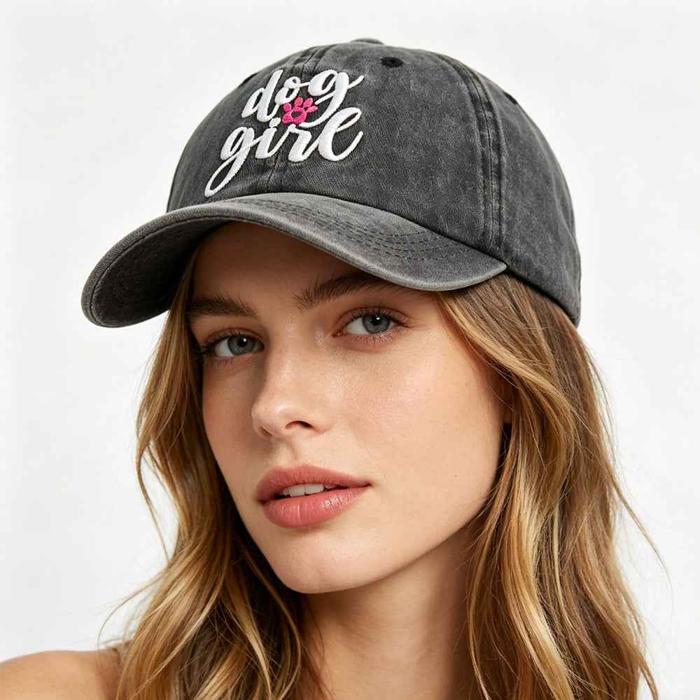 Dog Girl Embroidered Baseball Cap - Washed Dog Lovers Cotton Vintage Hat