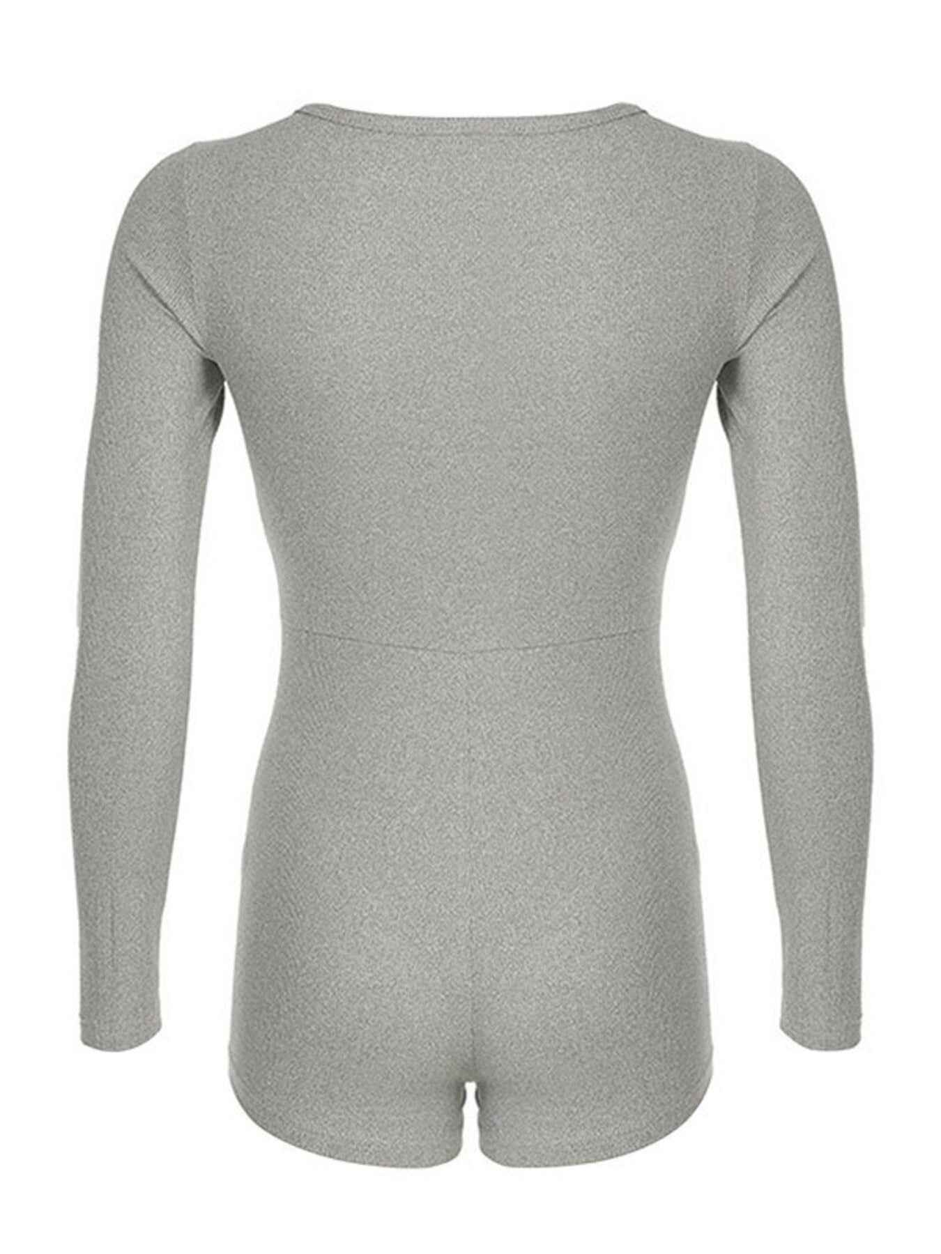 Deep V-Neck Ribbed Romper - Long Sleeve Button Front