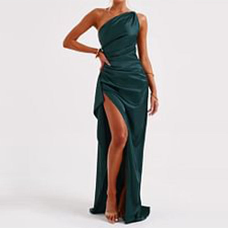 Sexy One-shoulder Slim-fit Backless Slit Satin Dress
