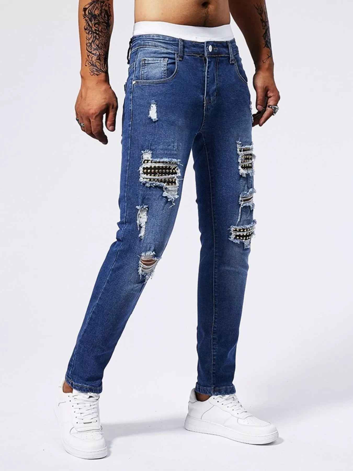 Men's Distressed Jeans - Studded Slim Fit Stretch Denim - Fashions Envy
