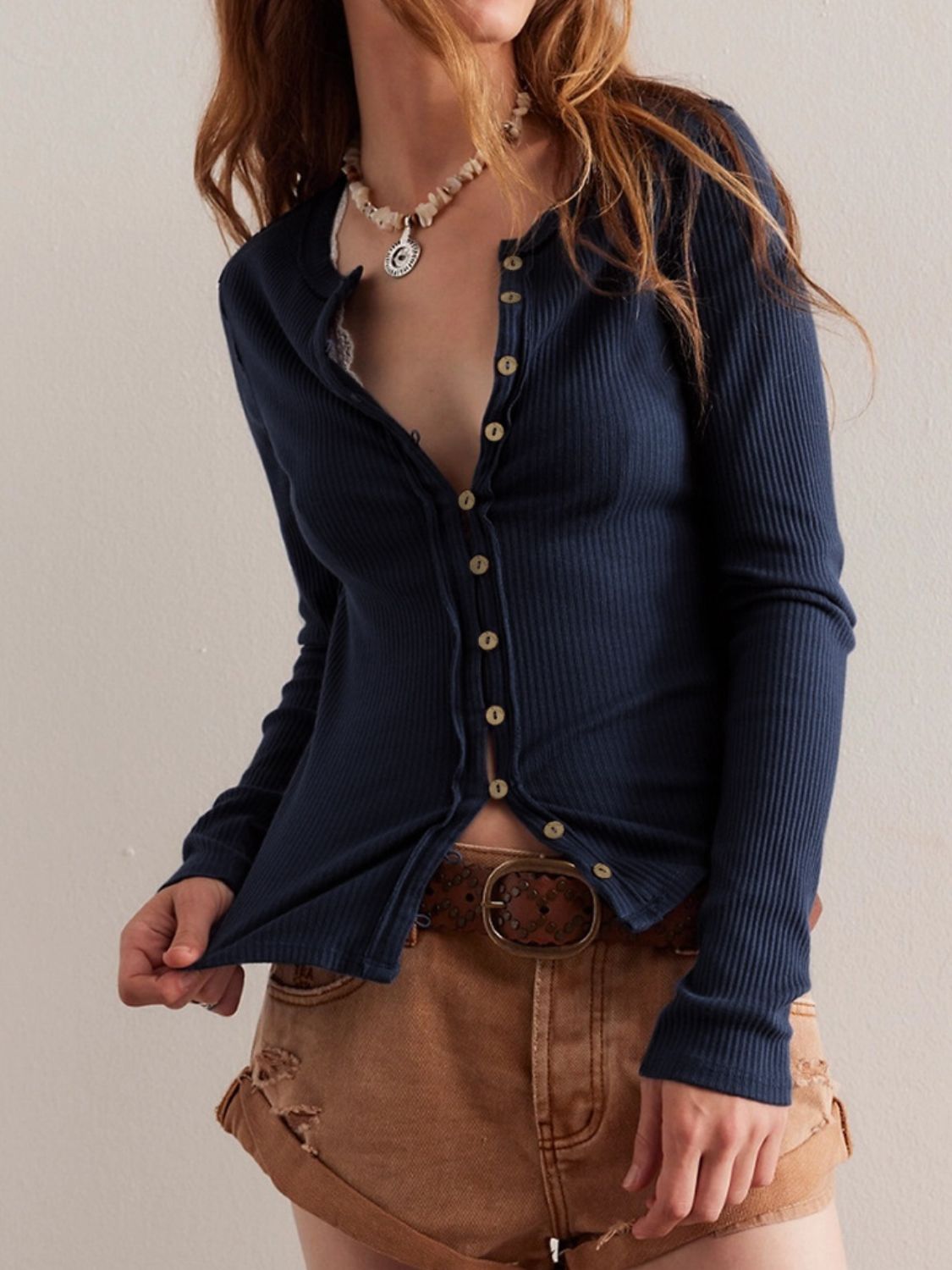Ribbed Button-up Round Neck Long Sleeve Top
