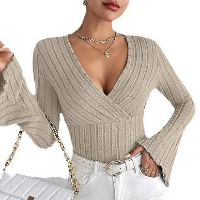 Ribbed V-Neck Top - Flared Sleeve Elegant Fit