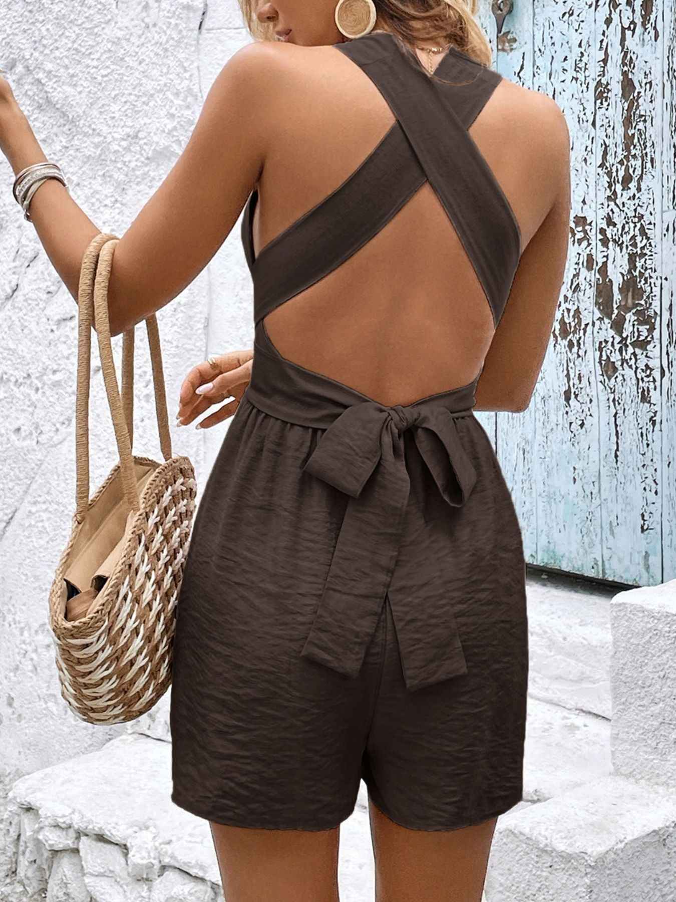 Flowy Open Back Romper - Sleeveless Crisscross Tie Detail