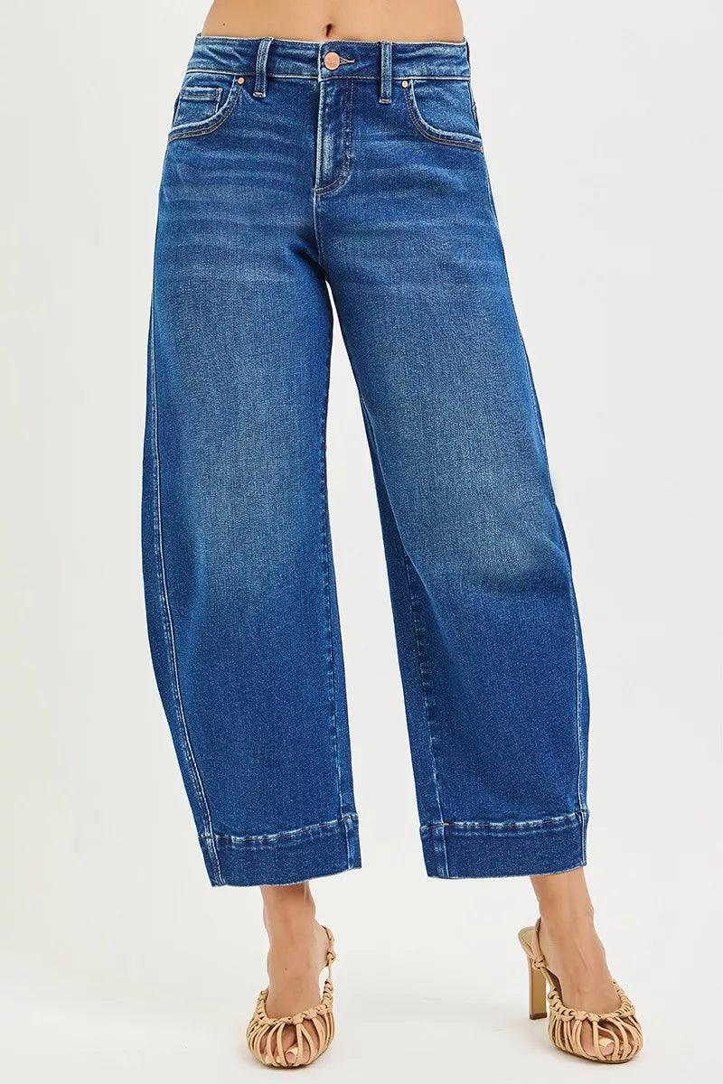RISEN Mid Rise Crop Barrel Jeans - Fashions Envy