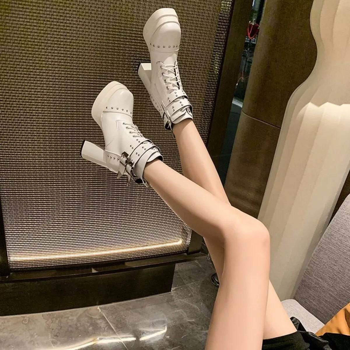 Round Toe Block Heels Boots - High Heel Ankle Boots - Fashions Envy