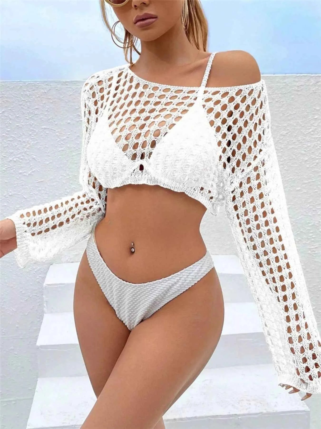 Crochet Knit Long Sleeve Cover-Up