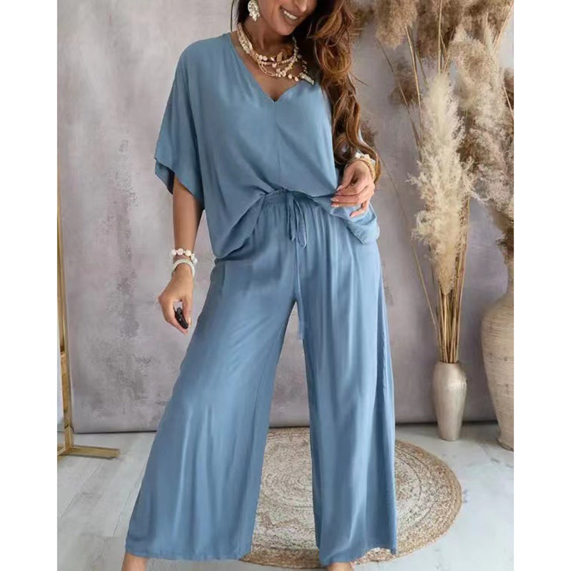 Two-Piece Lounge Set - V-Neck Top & Wide Leg Pants