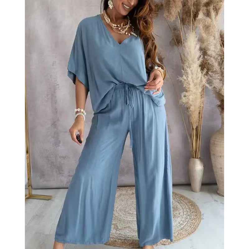Two-Piece Lounge Set - V-Neck Top & Wide Leg Pants - Fashions Envy