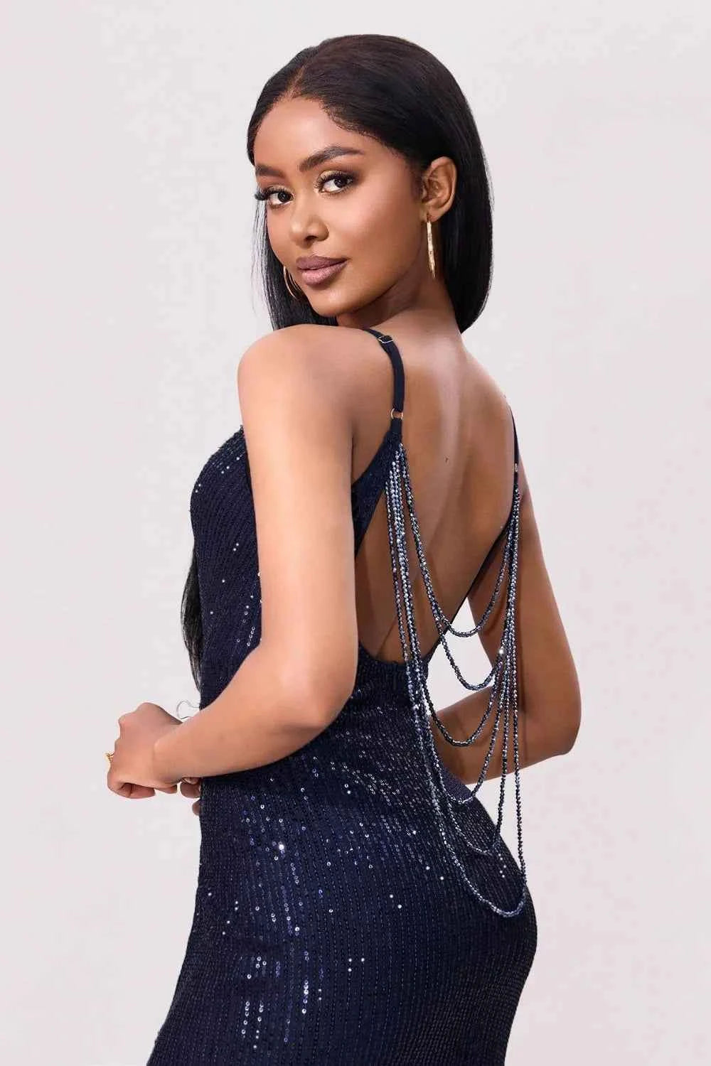 Navy Sequin Backless Maxi Dress - Spaghetti Strap High Slit