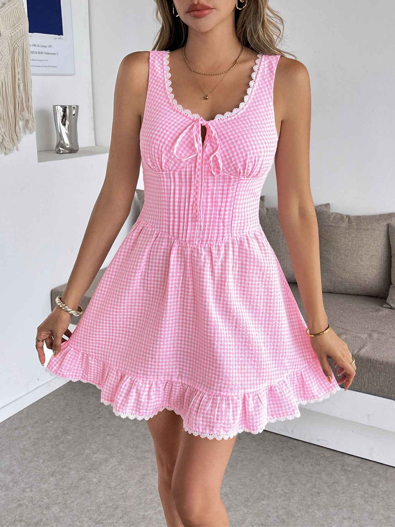 Gingham Lace Trim Mini Dress - Smocked Tie Strap