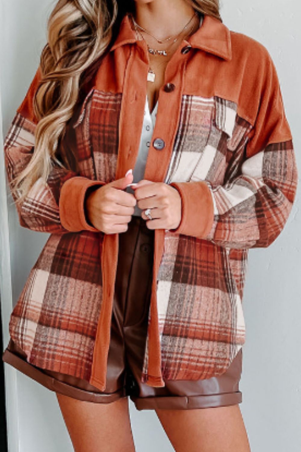 Plaid Long Sleeve Jacket - Unlined Button Up Coat