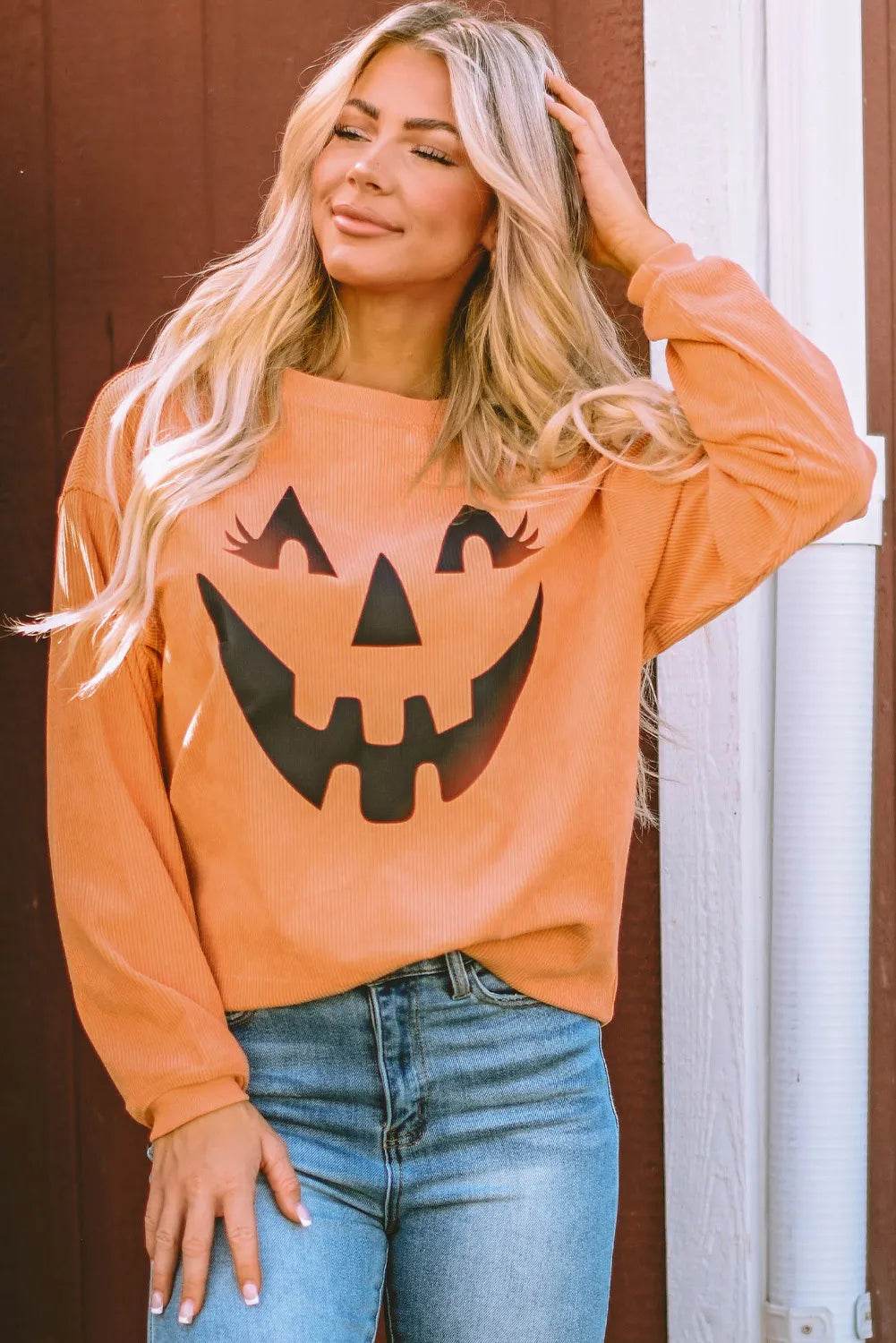 Round Neck Dropped Shoulder Jack-O'-Lantern Graphic Sweatshirt - Fashions Envy