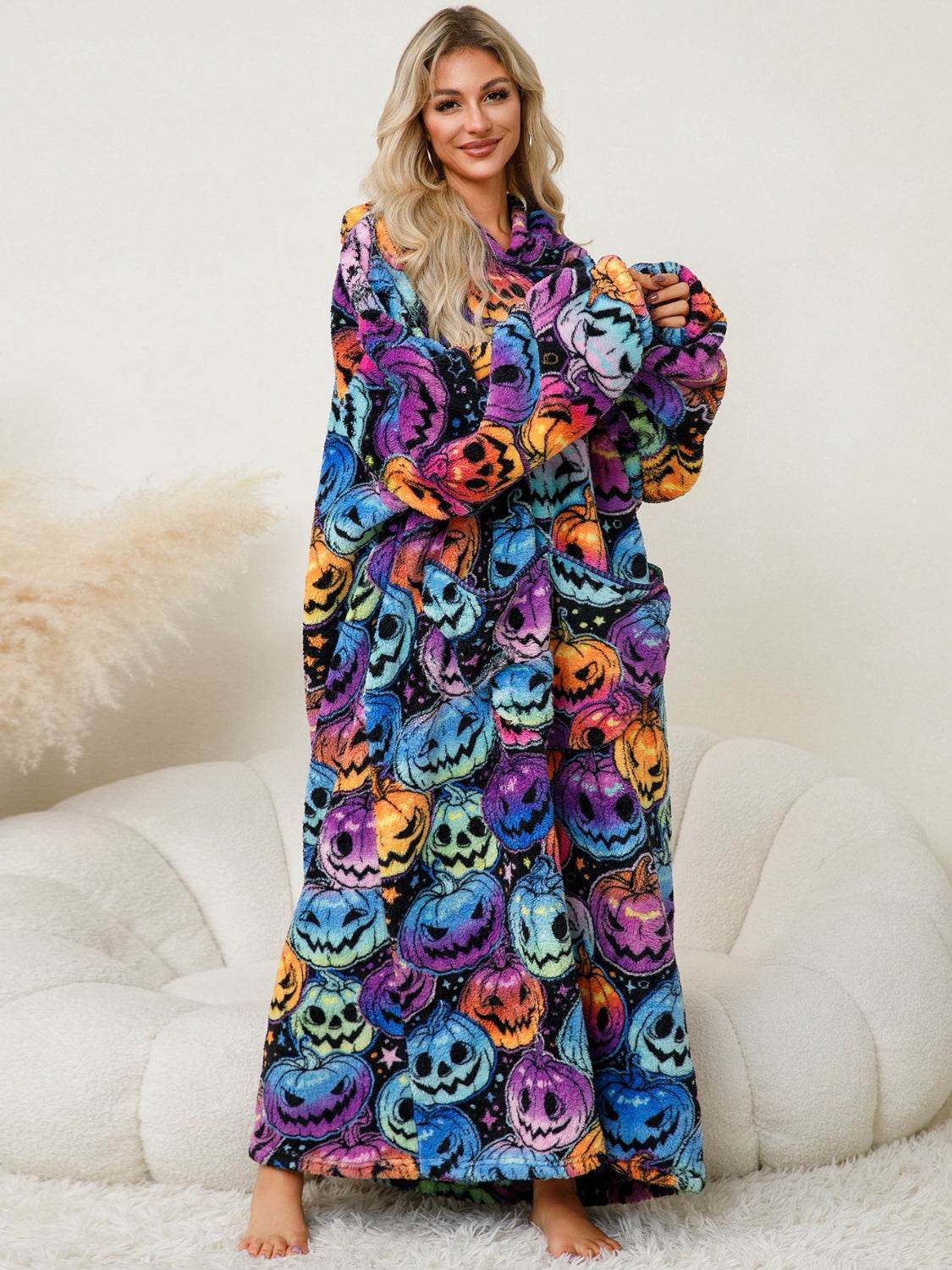 Fuzzy Pocketed Long Sleeve Hooded Lounge Dress - Fashions Envy