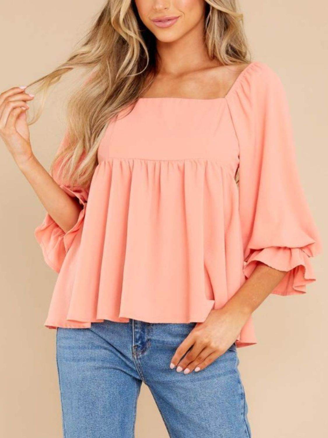 Smocked Square Neck Flounce Sleeve Blouse - Fashions Envy