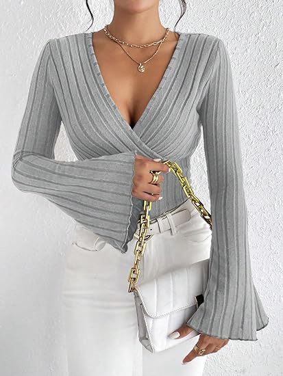 Ribbed V-Neck Top - Flared Sleeve Elegant Fit