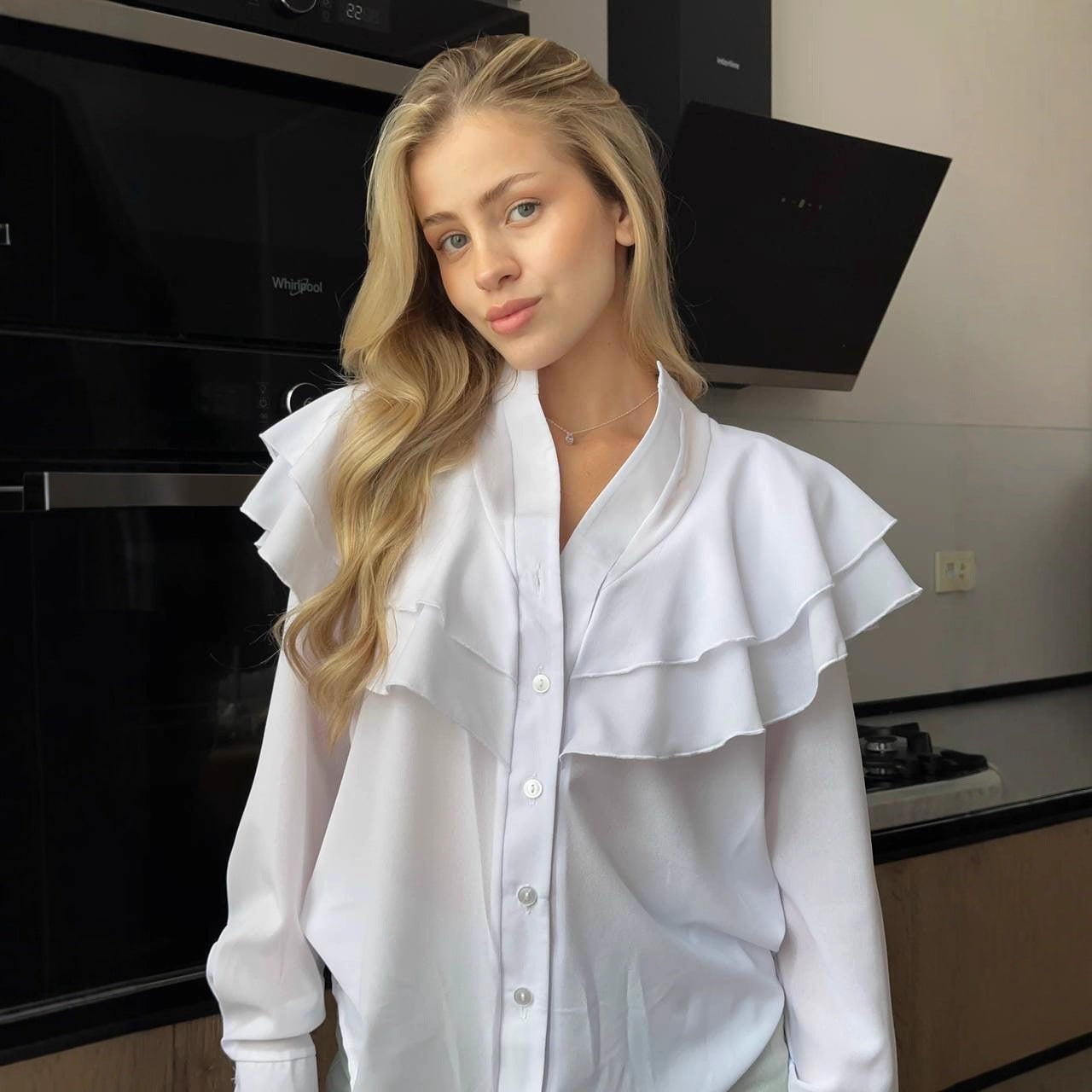 Ruffled V-Neck Blouse - Tiered Collar Chiffon Top