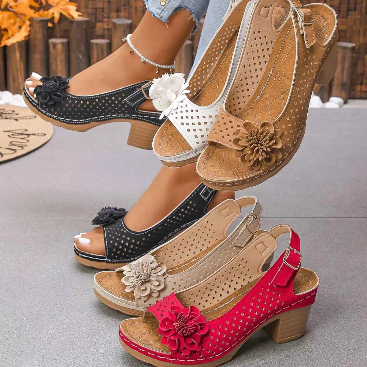 Floral Accent Block Heel Sandals