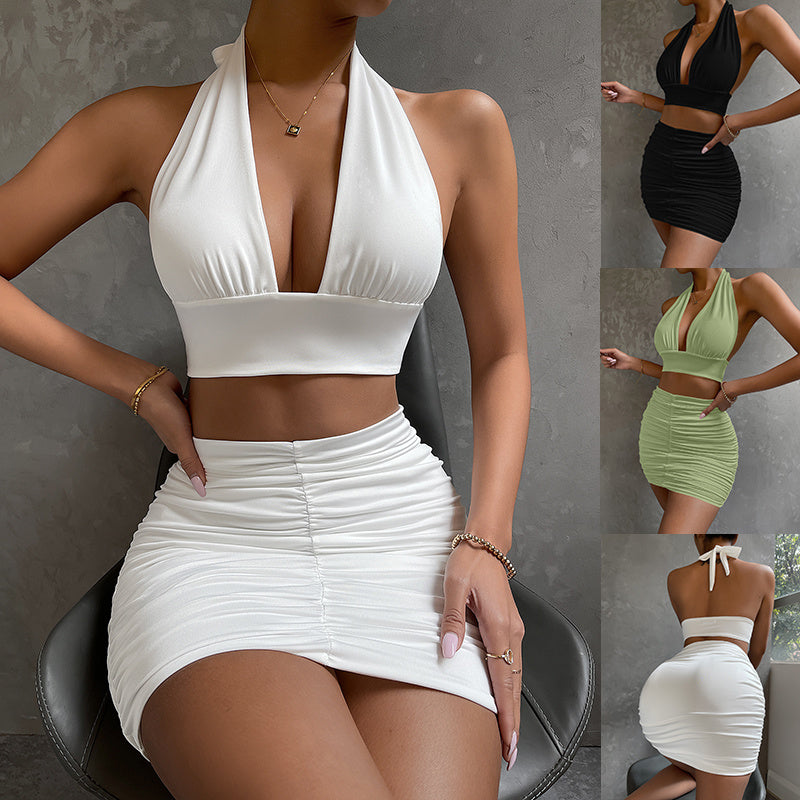 Halter Top & Pleated Skirt Set - Lace-Up Hip Covering Outfit