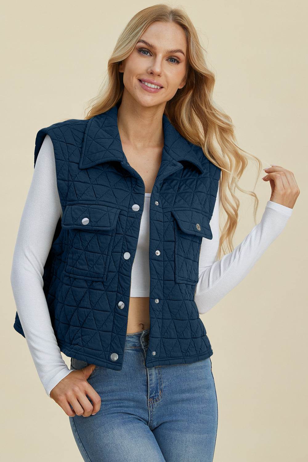 Double Take Full Size Pocketed Texture Snap Down Vest Coat - Fashions Envy