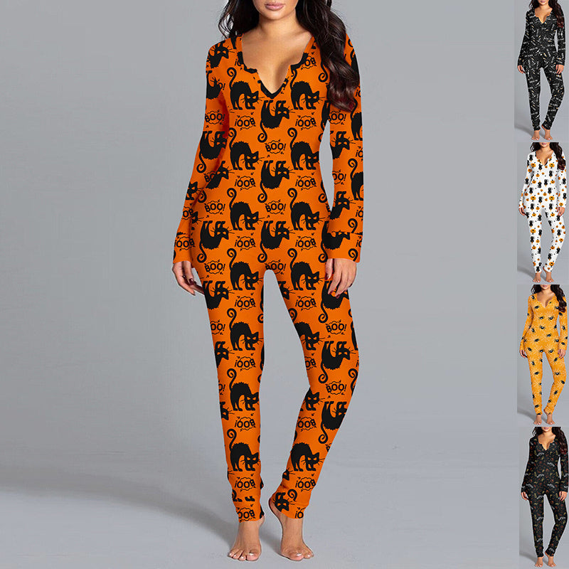 Halloween Jumpsuit Pajamas - Long Sleeve Printed Loungewear