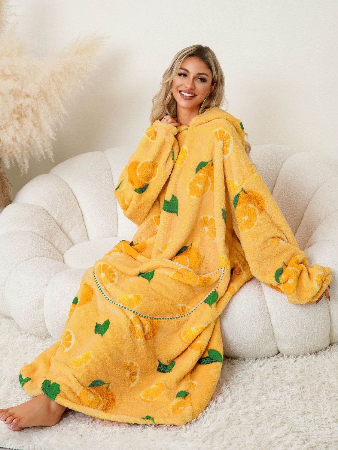 Fuzzy Pocketed Long Sleeve Hooded Lounge Dress - Fashions Envy