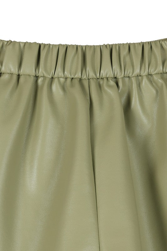 Pintuck Vegan Wide Elastic Band Leather Mini Shorts