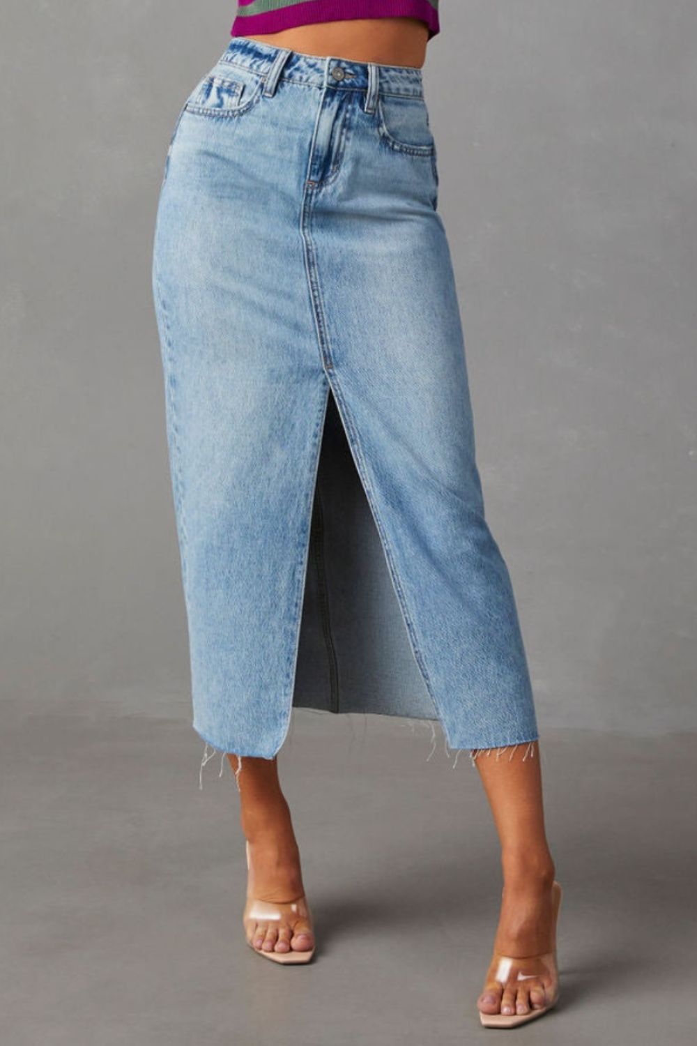 Slit Raw Hem Midi Denim Skirt - Fashions Envy