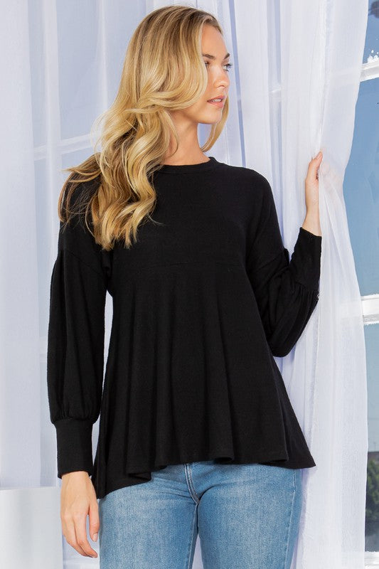 Long Sleeve Round Neck Soft Knit Babydoll Top