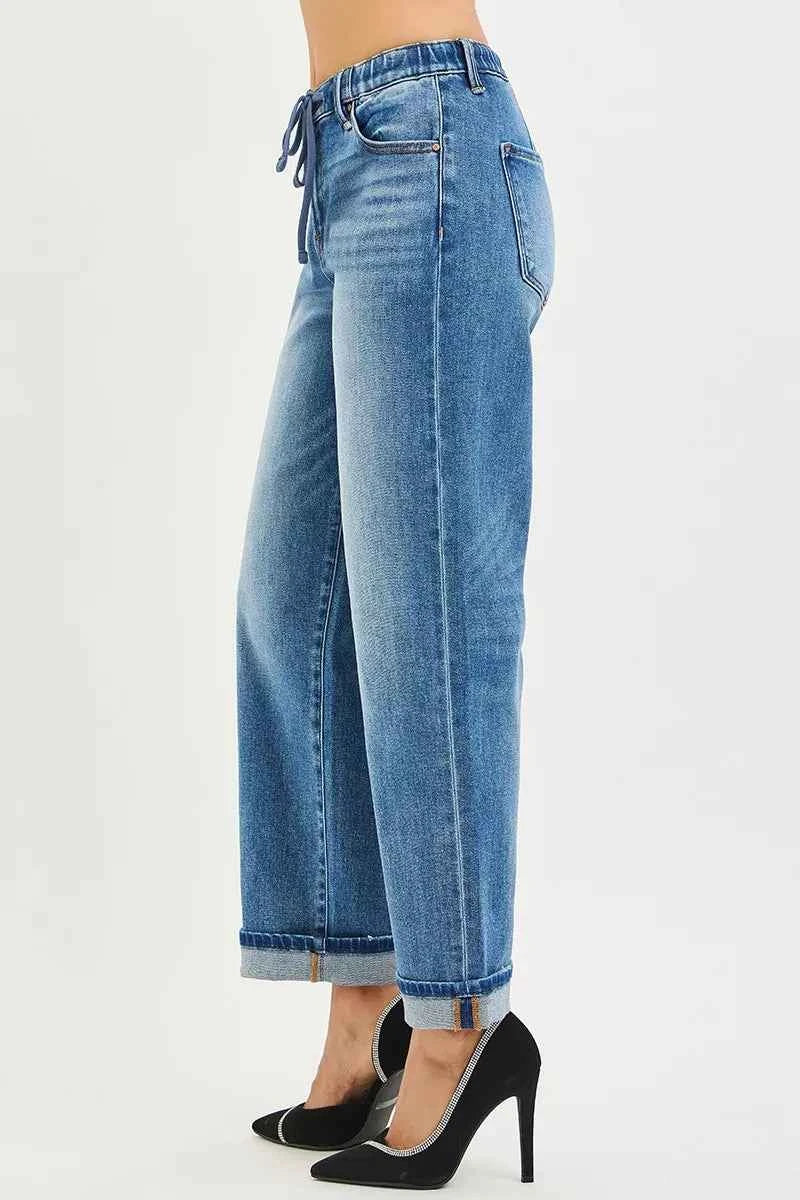 RISEN Slouchy Boyfriend Jeans - Elastic Waist Cuffed Ankle